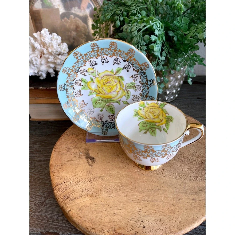 Vintage Stanley Bone China Teacup Saucer Yellow Rose Blue Gold England - Picture 3 of 10